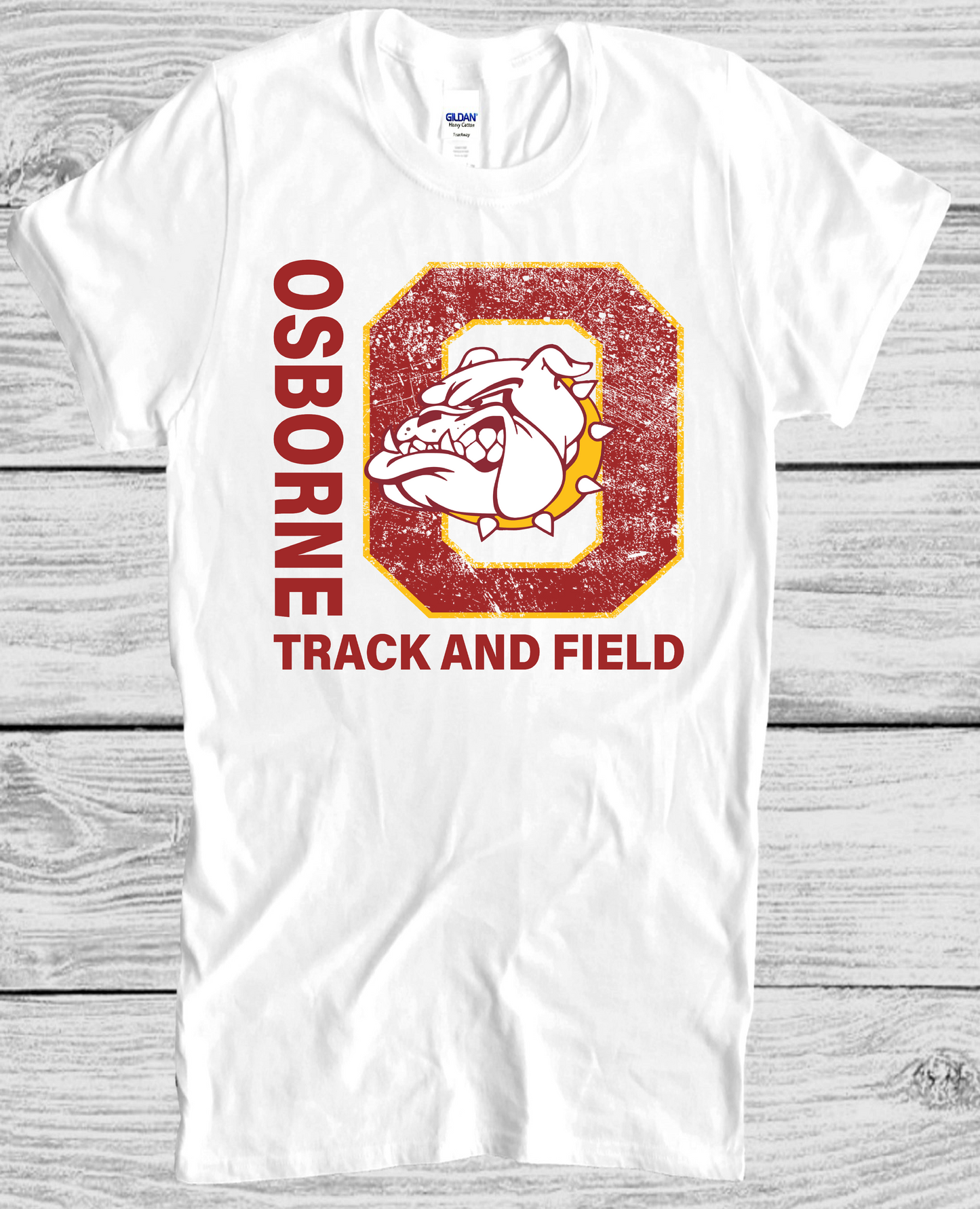 White Gildan softstyle Osborne Bulldog Track and Field Tshirt